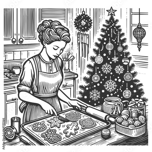 woman in an apron preparing decorated Christmas cookies in a festive kitchen sketch engraving generative ai fictional character vector illustration. Scratch board imitation. Black and white image.