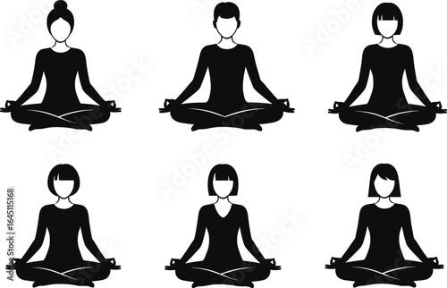 Silhouette of women and man practicing yoga meditation, lotus pose, mindfulness exercise, relaxation, wellness, calm mind, healthy lifestyle, peaceful sitting posture