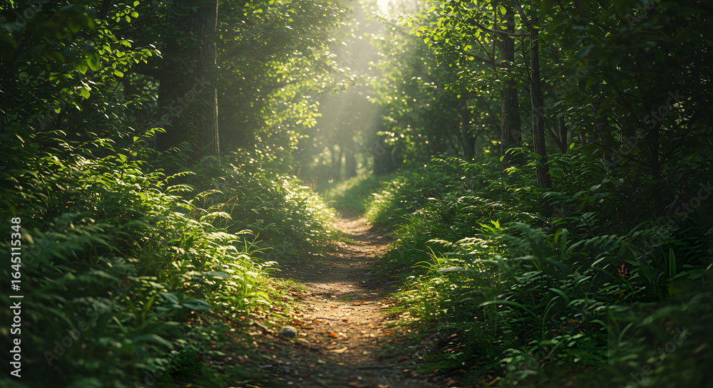 Obraz premium Sun-Kissed Path in the Woods: A picturesque woodland scene, where a sunlit path winds through a vibrant green forest, offering a sense of serenity and inviting exploration.