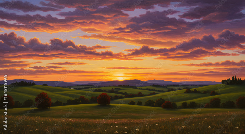 Fototapeta premium Scenic Sunset Panorama: A breathtaking sunset bathes rolling hills and verdant meadows in hues of orange, purple, and gold, creating a picturesque and tranquil landscape. 