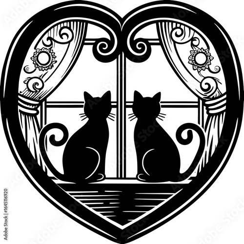 Vector art of A black and white silhouette of two cats sitting in a heart-shaped window, on white background