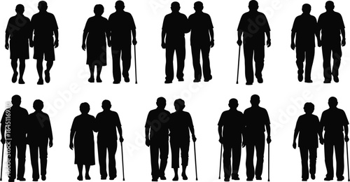 Silhouettes of elderly couples walking together, holding hands, using walking canes, senior love and companionship, black vector illustration on white background
