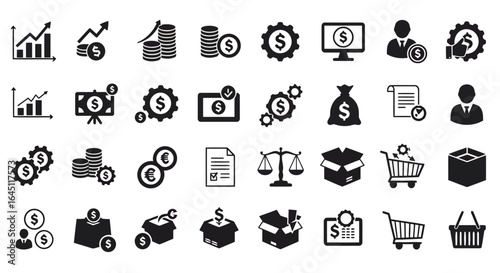 Collection of financial and business icons silhouette isolated on white background