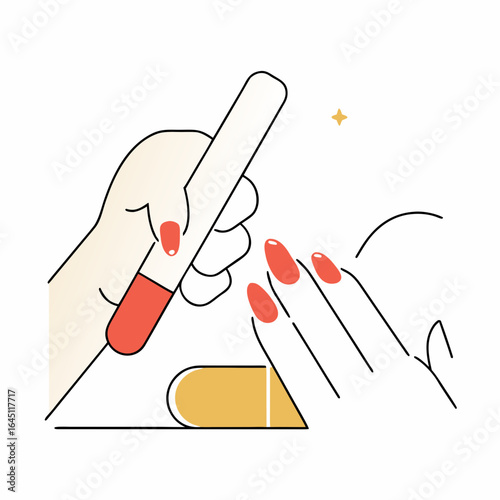 Hands filing red-painted nails with white nail file against clean background.
