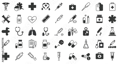 Collection of medical and healthcare icons silhouette isolated on white background