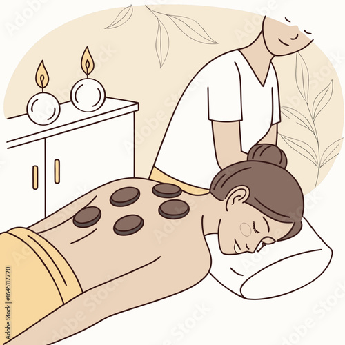 Woman lying on massage table with hot stone therapy in spa setting.
