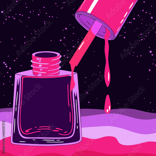 Pink nail polish bottle with applicator dripping polish against dark background.
