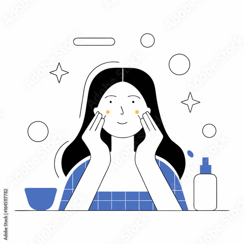 Black and white illustration of woman washing face with cleanser at sink.
