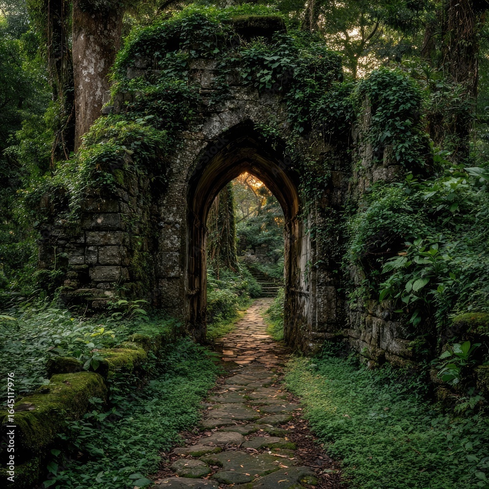 Obraz premium Ancient stone archway, overgrown with lush greenery, leading into a forest