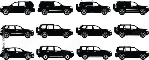SUV car silhouette set, side view vehicle illustration, black automobile icon collection, modern transport design, compact crossover graphic, sport utility vector art