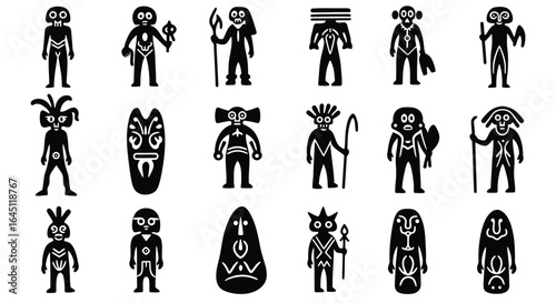 Collection of tribal figures and masks silhouette isolated on white background