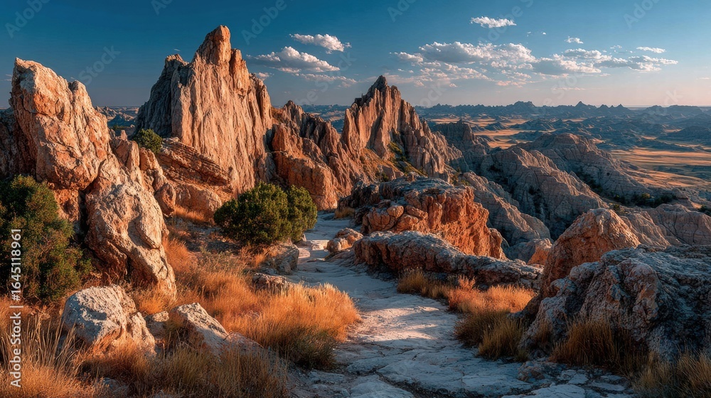 Obraz premium Rugged Badlands Sunset with Golden Light and Long Shadows on Intricate Rock Formations