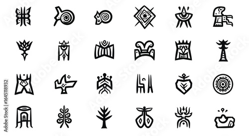 Collection of tribal symbols and icons silhouette isolated on white background