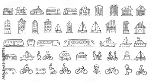 Collection of hand drawn transportation and building icons silhouette isolated on white background