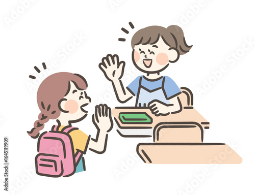 Girl greeting her friends in the classroom