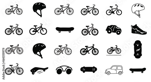 Collection of bicycles helmets skateboards cars and shoes silhouette isolated on white background