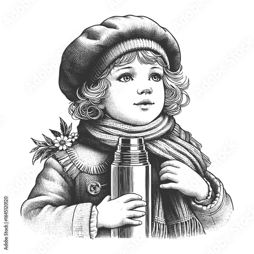 young child dressed in a beret, scarf, and coat, holding a thermos bottle sketch engraving generative ai fictional character vector illustration. Scratch board imitation. Black and white image.