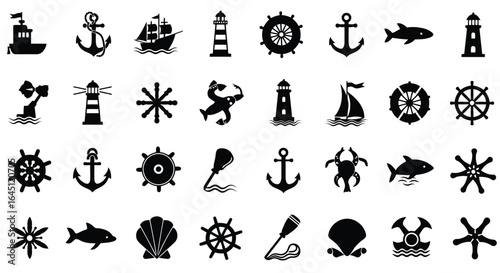 Nautical symbols collection silhouette isolated on white background