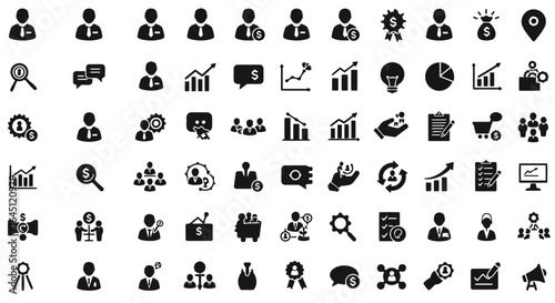 Collection of business and finance icons silhouette isolated on white background