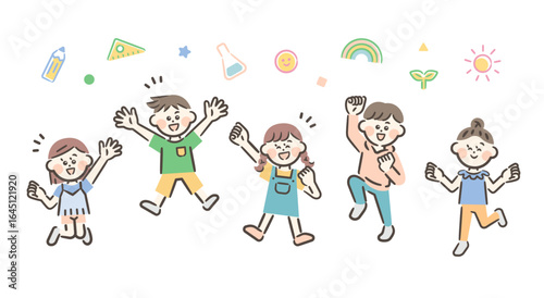 Five boys and girls jumping energetically