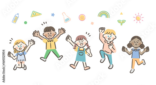 Five boys and girls jumping energetically