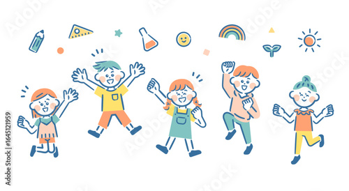 Five boys and girls jumping energetically