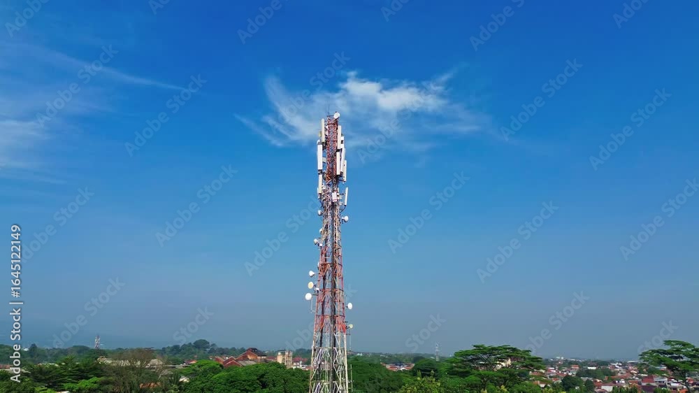 Telecommunication tower with antennas and satellite dishes for mobile network and wireless communication infrastructure against clear sky background. Telecommunication cellular 4G and 5G mobile.