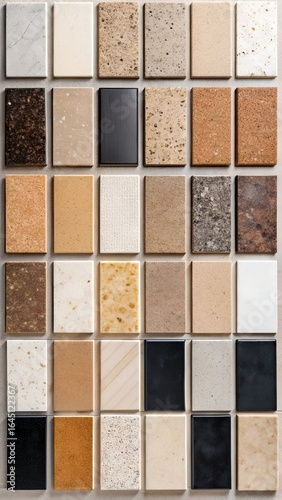 Mosaic of various stone and granite tile samples for interior design
