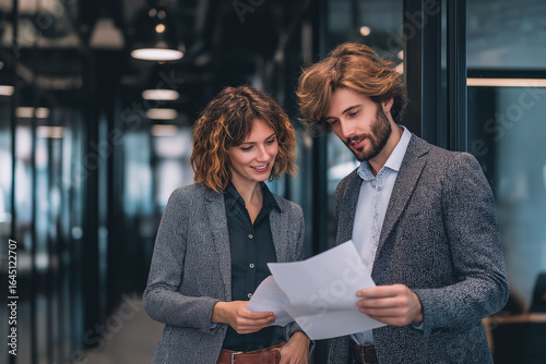 Medium close-up of two young executives reviewing documents in a chic modern office, trendy formal fashion, glass partitions in background