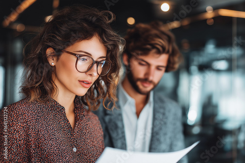 Medium close-up of two young executives reviewing documents in a chic modern office, trendy formal fashion, glass partitions in background