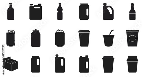 Collection of drink containers and packaging silhouette isolated on white background