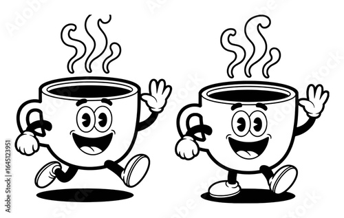 Happy cartoon coffee cups waving hello character