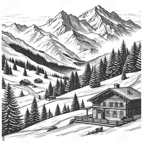 ski lodge surrounded by pine trees and mountains, with skiers on snowy slopes nearby sketch engraving generative ai fictional character vector illustration. Scratch board. Black and white image.
