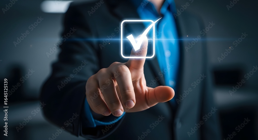 Obraz premium Business professional selecting a digital checkbox with a glowing checkmark