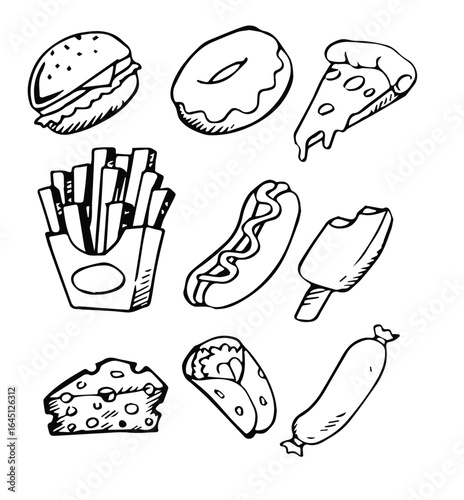 set of junk food doodle style isolated on white background