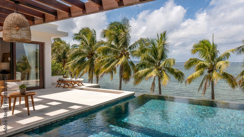 Fototapeta premium Luxurious Tropical Resort Poolside Cabana Overwater Villas with Palm Trees at Sunny Beachfront