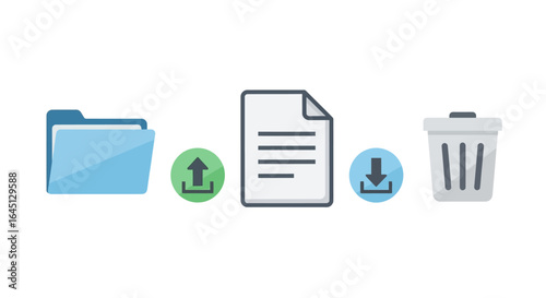 Modern vector illustration of essential digital file management symbols folder, document, upload, download, and trash icons for web and mobile interfaces.