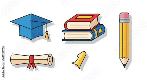 Vector illustration of academic and learning symbols graduation cap, diploma, books, pencil. Representing knowledge, study, and educational achievement.
