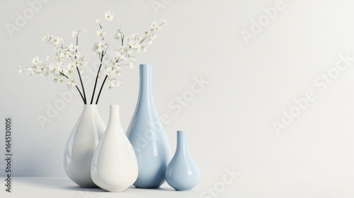 Elegant arrangement of white flowers in minimalist ceramic vases on light background