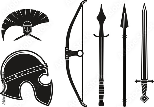 A collection of vintage vector illustrations of medieval swords and steel weaponry