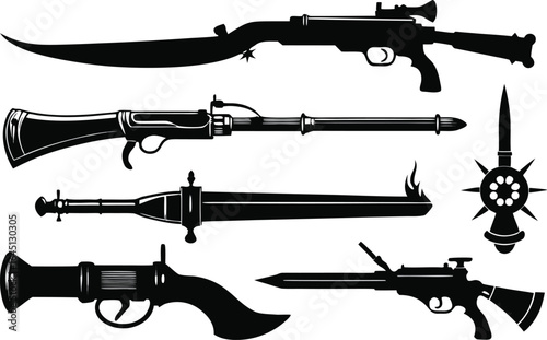 Vector silhouette illustration of various firearms including a sniper rifle, handgun, and machine gun, suitable for military and war themes