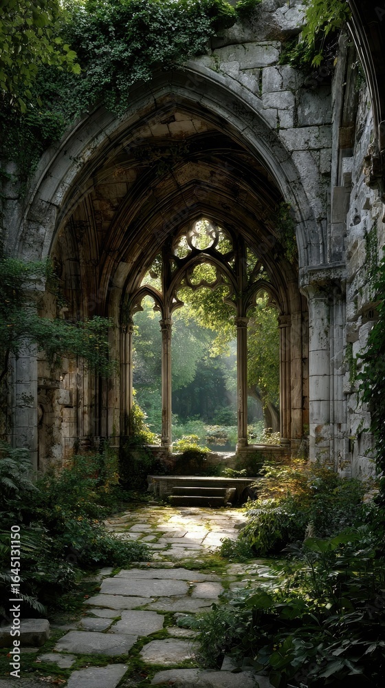 Fototapeta premium Ruined abbey archway, sunlight through stained glass