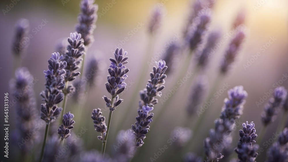 Obraz premium Purple Lavender Fields: Soft focus capture a gentle close-up of a field of lavender, with sunlit petals exuding the aroma of peace, serenity, and the charm of nature.
