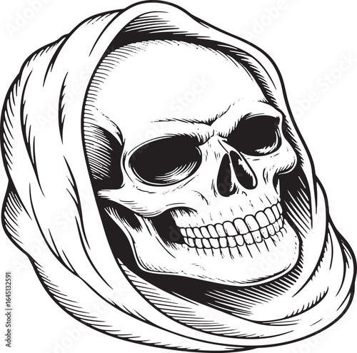 Monochrome Skull Wrapped in Cloth Detailed Vector Artwork Depicting Death and Morbidity in a Striking Engraving Style