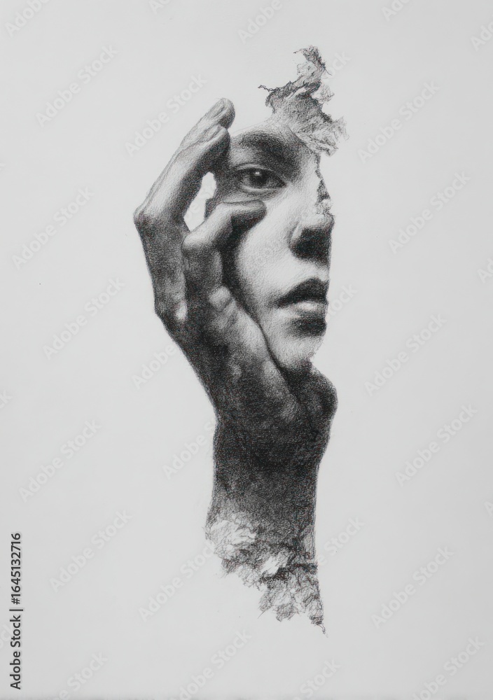 Fototapeta premium Charcoal double exposure portrait of a face partially obscured by a hand