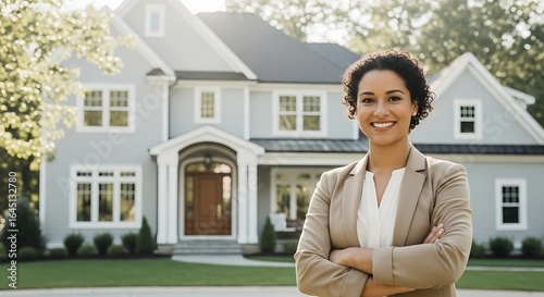 Smiling real estate agent standing in front of a beautiful suburban house
