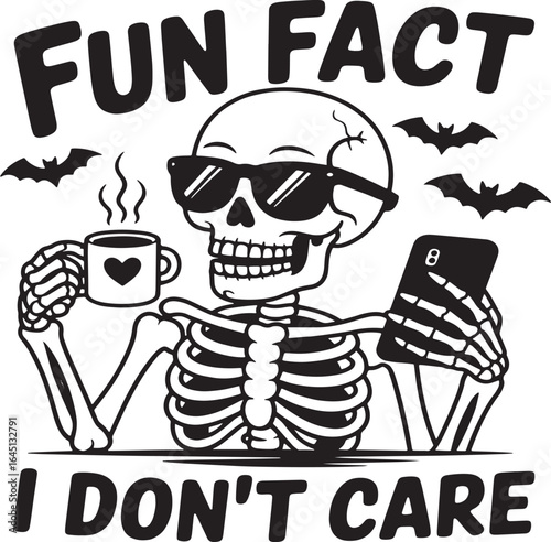 Humorous Skeleton Illustration with Coffee and Phone A Lighthearted Take on Modern Indifference and Halloween Themes