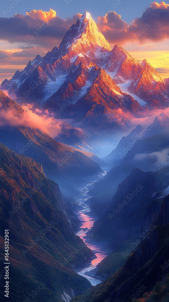Fototapeta premium Sunset mountain river valley peaks wallpaper