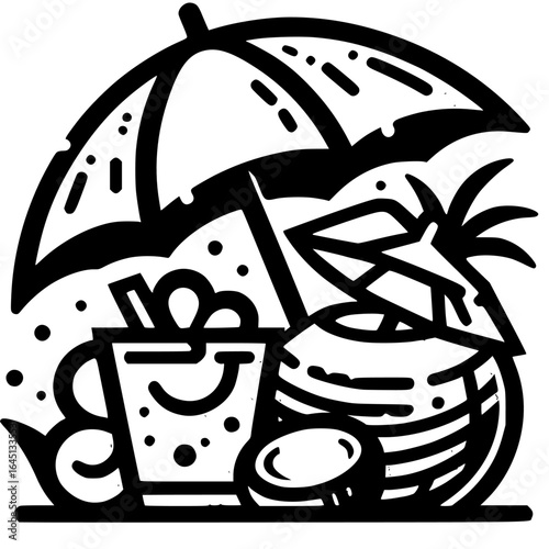 Summer's Embrace: A serene illustration depicts a refreshing summer scene with an umbrella, tropical drink, and coconut, conjuring memories of sun-kissed beaches and carefree moments.