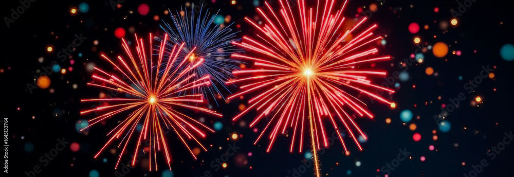 Fototapeta premium fireworks lights on a black background. Christmas and New Year greeting card. 3d illustration